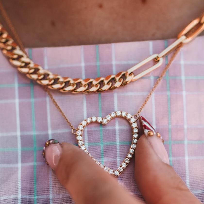 14CT YELLOW GOLD & DIAMOND OPEN HEART NECKLACE