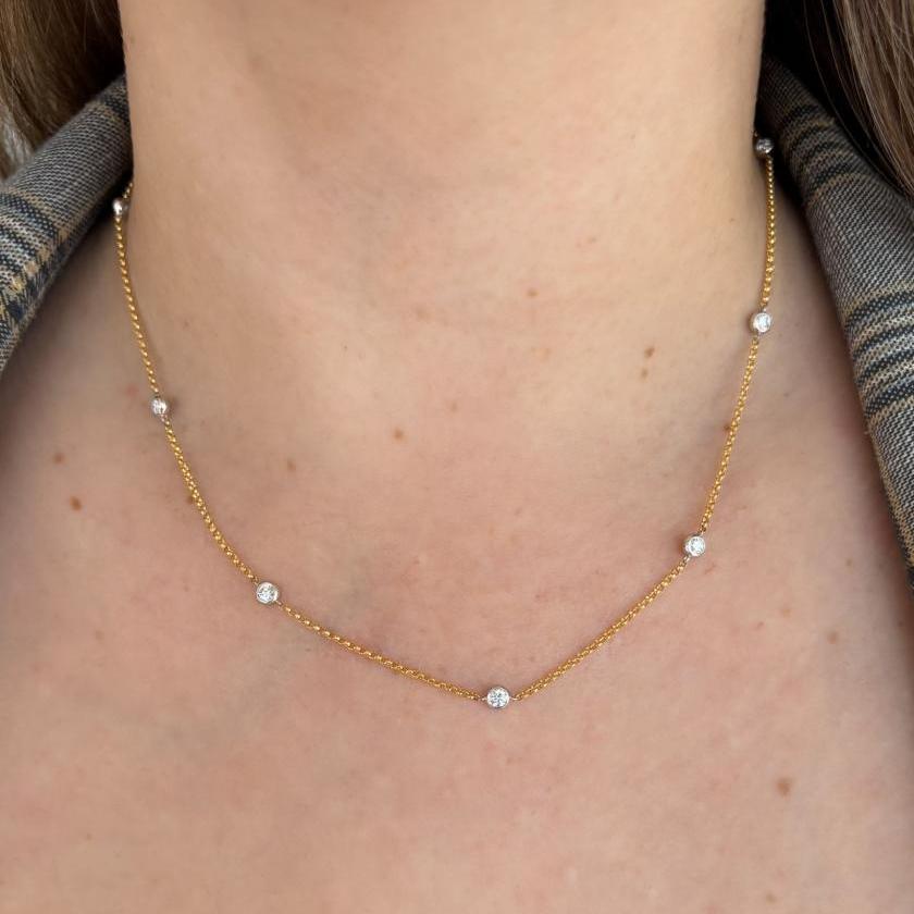 18CT YELLOW & WHITE GOLD DIAMOND BEZEL SET NECKLACE